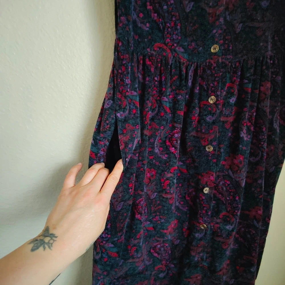 L.L. Bean Paisley Corduroy Pinafore Dress Cottagecore Button Front Vintage USA - Picture 5 of 9